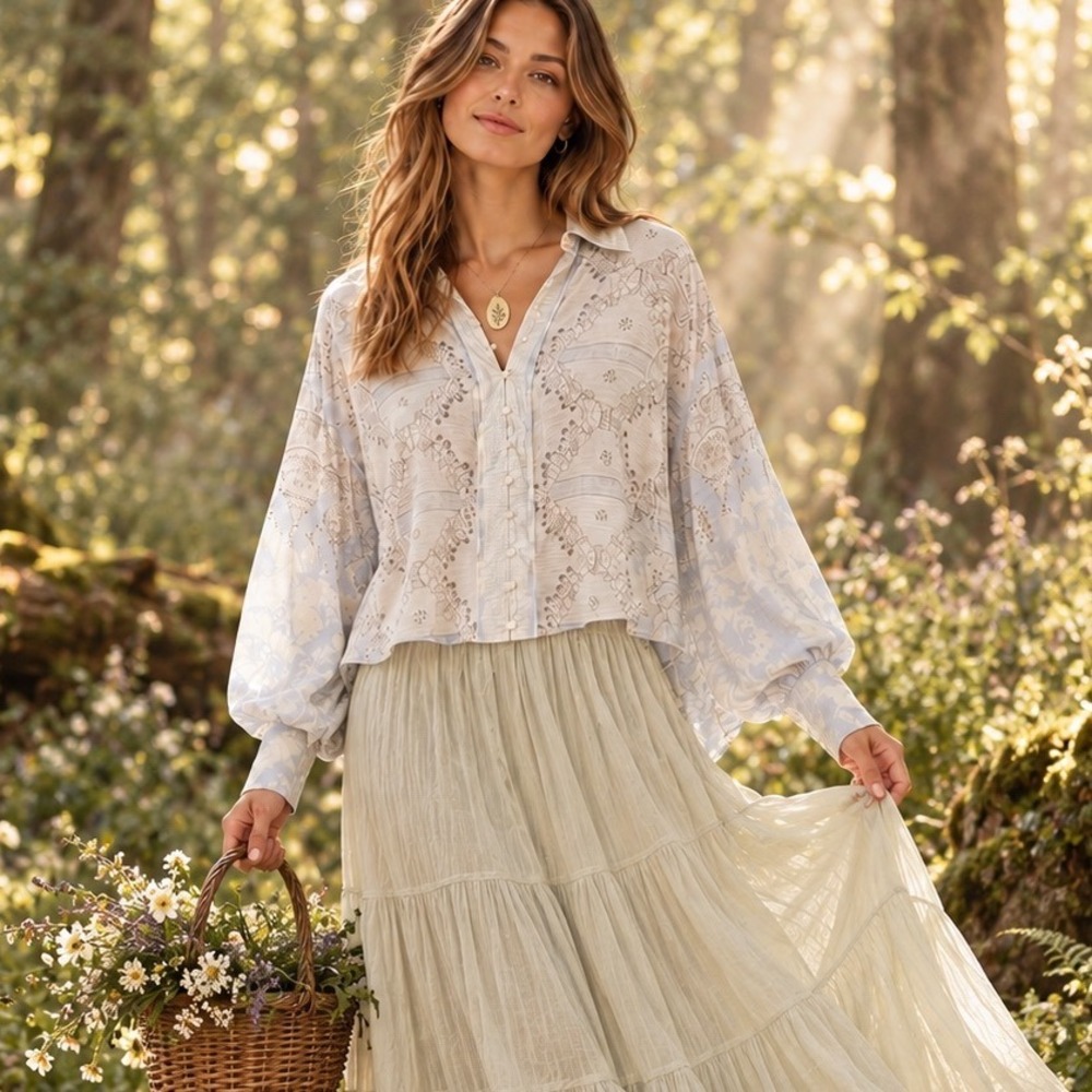 Free People Virgo Floral Scarf Print High Low Blouse Coastal ethereal fairyore M